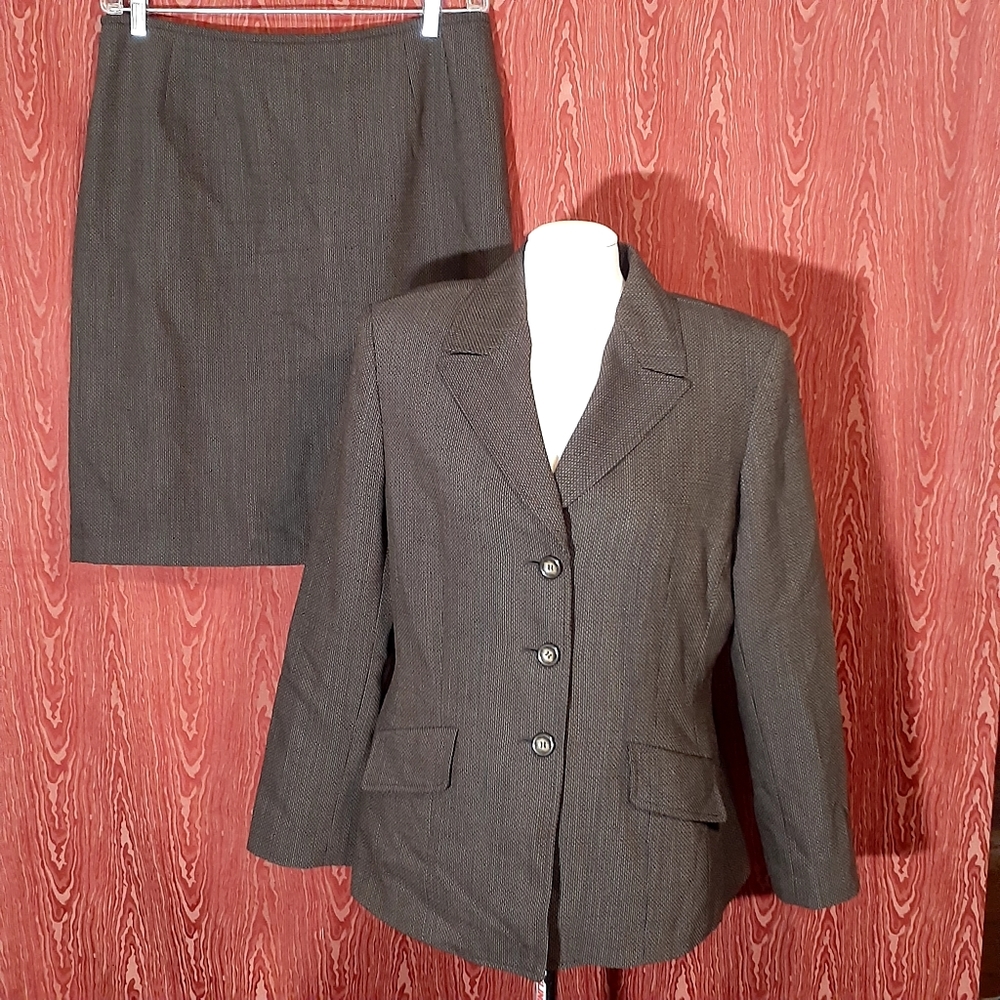 KASPER PETITE 2 PIECE SKIRT SUIT GRAY 100% WOOL COLLARED WOMEN'S SIZE 14P
